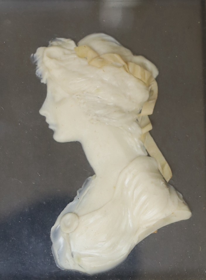 Three Maple framed framed wax portrait reliefs by Leslie Ray, 10 cms high x 8 cms wide
